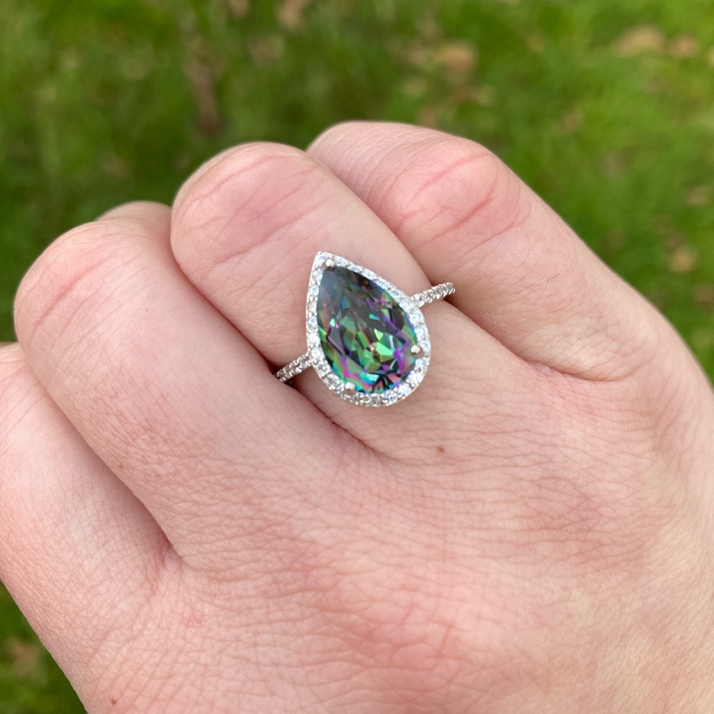 New Sterling Silver Genuine Mystic Topaz 4 CTTW Pear Shape Halo Ring Size 6.5 - Picture 2 of 6